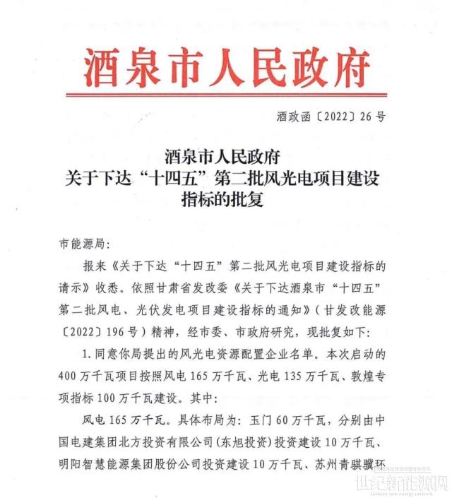 酒泉下達4GW風光指標：沙洲能源、中國電建、浙能前三