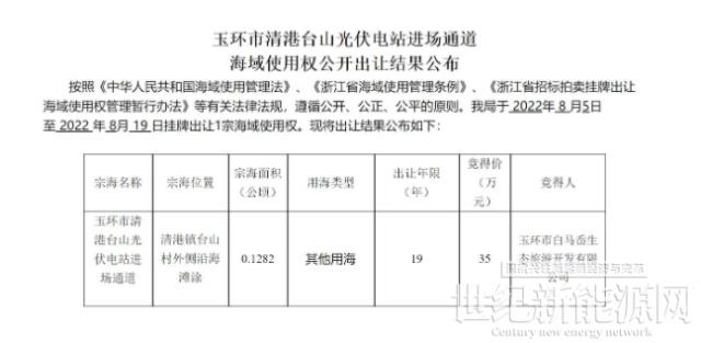 使用年限19年 華能以35萬元竟得浙江某海域使用權(quán)